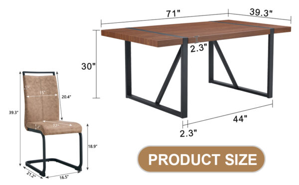 e985ec3e554f4ab98c8f346bb85fb1d7_91e8f081f953a99b054c3bd0b665a39b Table and chair set.Industrial Style Walnut-Colored Rectangular Dining Table - 71"x39.3" Large Size.Paired with 8 brown technology fabric chairs with Featuring arched black Metal legs.