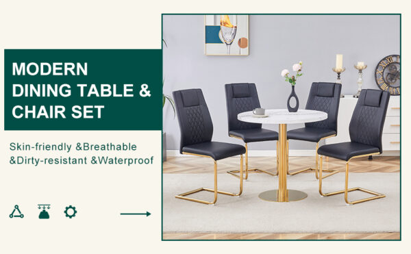 e999245d240448d887530e57cbbb1218_0d12eb8fccefc126b57254eb1d5ad8b9 Table and chair set.31.5 Inch Elegant White Marble Pattern Round Dining Table - Suction Molding Annular Texture.Paired With 4 Black High-quality PU Chairs With Arched Golden Metal Legs.