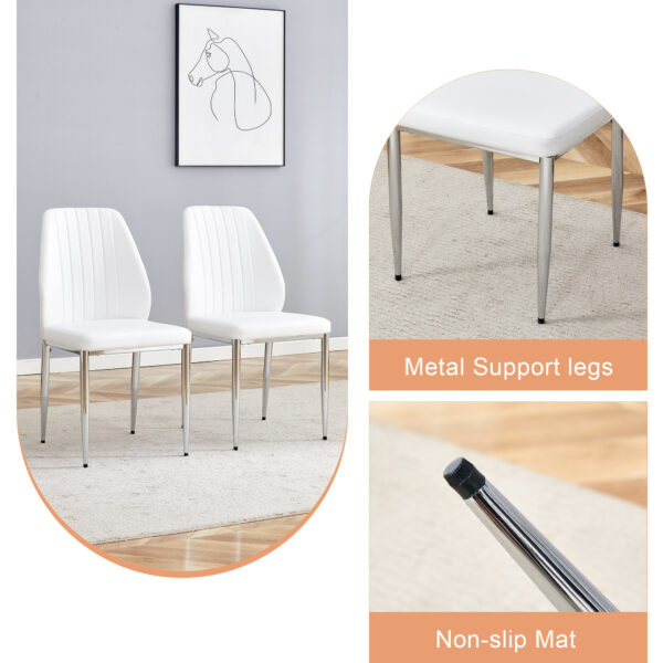 e99b9d6d13084fa1859356aacad81e63_dbaf5446802bd232cd193045a2747926 Table and chair set.Modern circular transparent tempered glass table, tempered glass tabletop, silver metal table legs.A Set of 4 White PU Comfort Dining Chairs with extended backrest.