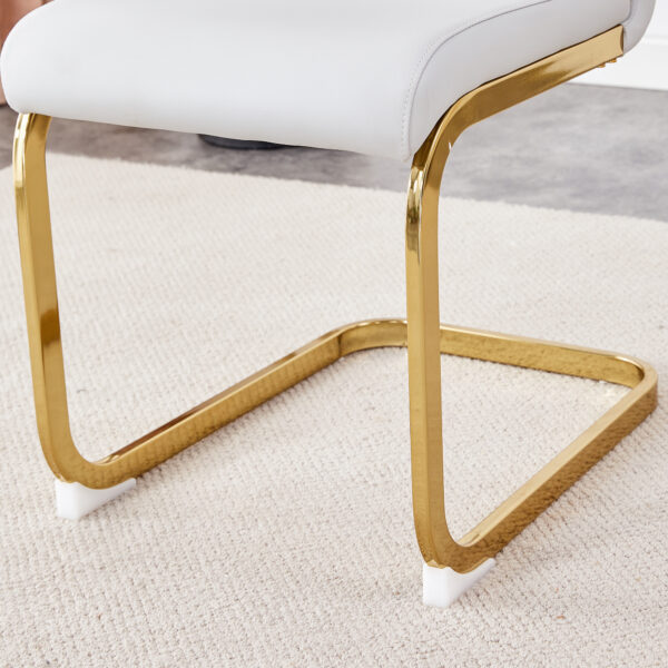 e99c2bcbb36d4dca919230e1cfea4b96_0f5ca02a3a3e281a0ef5c652e13b7d69 Table and chair set.Large modern rectangular table with 0.4 inch patterned glass tabletop and large MDF table legs.Comes with 8 chairs with faux leather cushioned seats and golden metal legs.