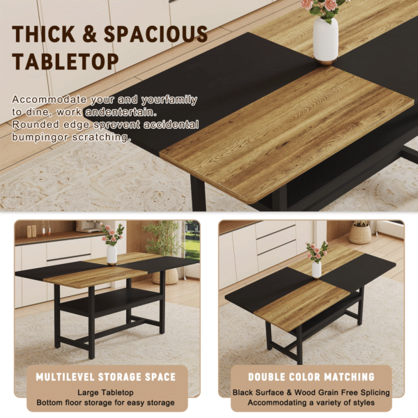 Table and chair set.71*35.4 inch Wooden And Black Spliced Dining Table With Storage Function In The Middle Of The Table Legs.Paired With 6 Light Gray Linen-Cotton Dining Chairs, Simple And Versatile.