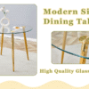 A modern minimalist style round transparent tempered glass table with gold metal legs, paired with 6 modern PU leather high-back dining chairs ,bring a luxurious experience.