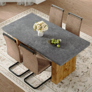 Table and chair set.Cozy Modern MDF Dining Set - 67"x35.4" with 4 brown technology fabric chairs with Featuring arched black legs.Suitable for home dining rooms,hotels,other commercial spaces.