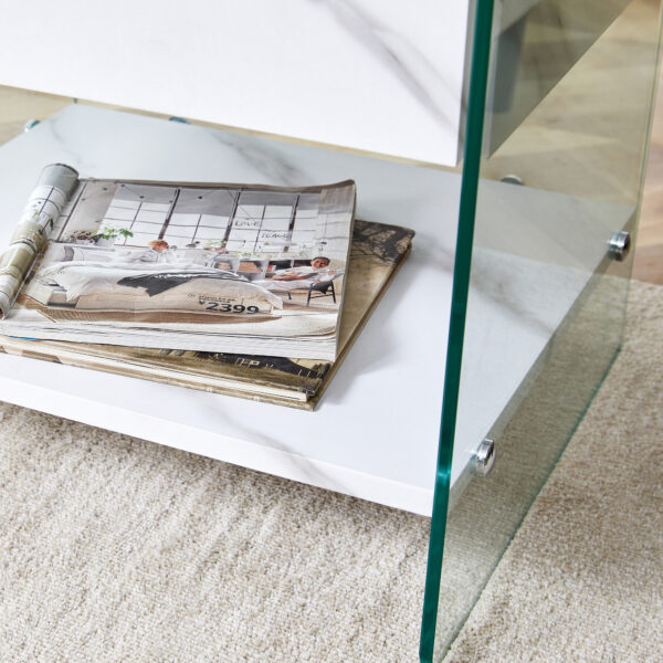 ea01ce675adc477eb629633688a42255_7189f11737865a64743699773730f601 Bedside table with drawers. The board surface is MDF sticker, and both sides are transparent tempered glass. The design is simple and elegant, with excellent storage functions.