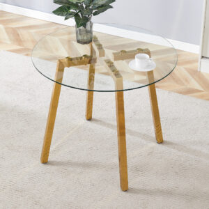 Modern Luxurious Round Tempered Glass Dining Table with Gold 7-Shaped Metal Legs,suitable for family meals, office conferences, or as a casual coffee table for various occasions.36*36*29.5