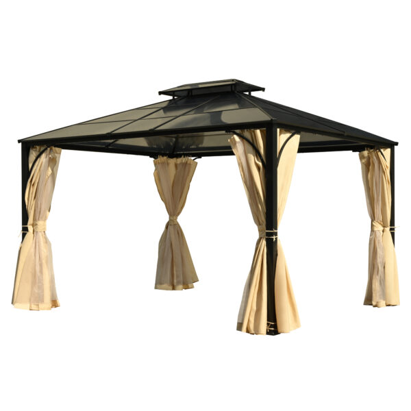 TREXM 10'x12' Hardtop Outdoor Gazebo, Heavy Duty Double Roof Patio Gazebo with Aluminum Frame, Double-Layer Side Walls Mosquito Netting & Privacy Curtains for Patio, Garden, Backyard (Beige)