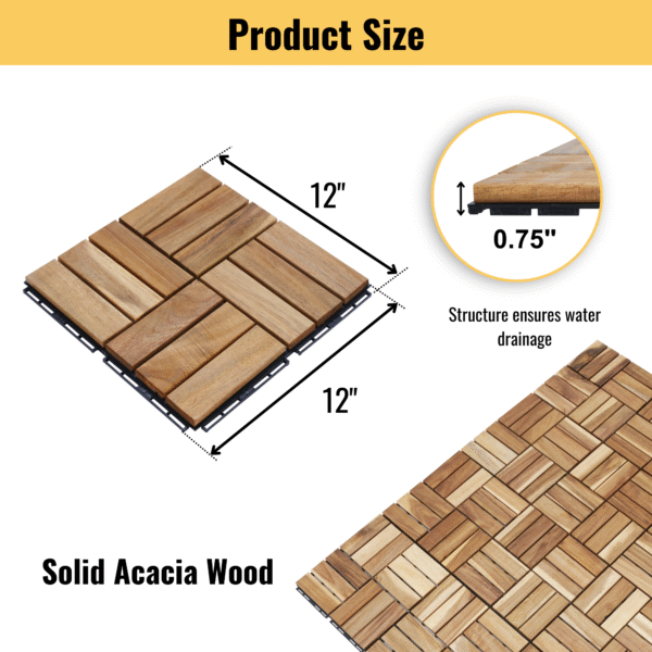 30 PCS Interlocking Deck Tiles Checker Pattern, 12" x 12" Square Yellow Acacia Hardwood Outdoor Flooring for Patio, Bancony, Pool Side,...