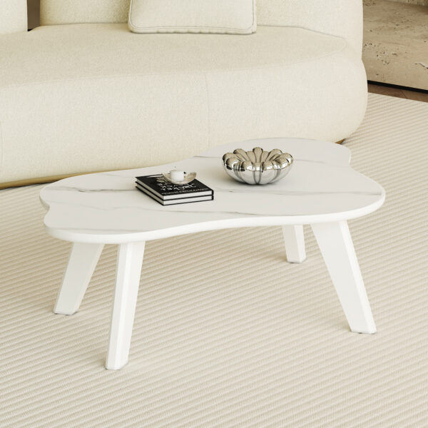 ea3de3828e1f40fb808629fac7aab7ff_98f3750e5d45379f77fbcc0d4b035441 Modern minimalist white imitation marble tabletop coffee table. Solid wood spray painted desk legs, cloud shape to give you a new experience, computer desk. Suitable for dining and living rooms.