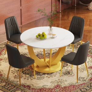 Table and chair set.Luxurious Snow Mountain White Slab Round Dining Table Set - 47"x47" with 4 Black PU Chairs with Simple Line Designs On The Backrest .Golden Metal Legs.