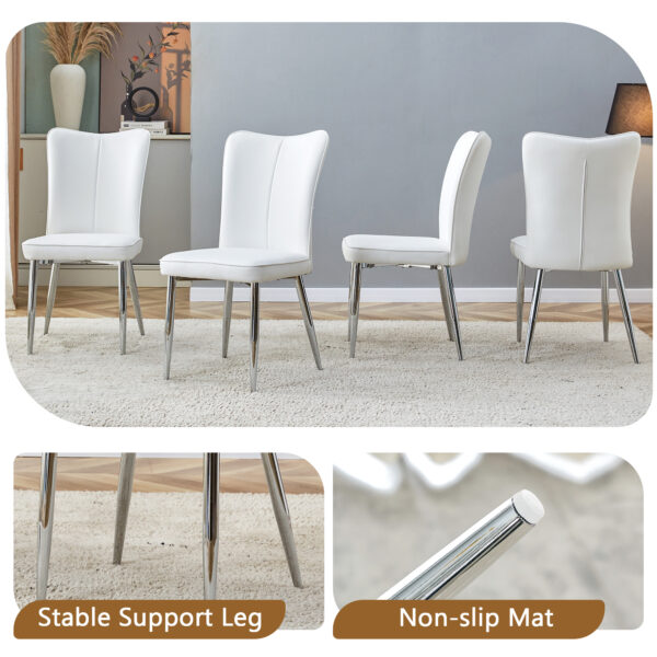 ea6a2dd7f21742d5bab778b7e6b0eb4a_e49048a907ce6fcfb89f5b0ed248afe9 Table and chair set.63"*35.4" White Imitation Marble Pattern MDF Dining Table Set - 4 White PU Chairs with a vertical stripe design on the backrest.Create Your Exclusive Low-Key Luxury Space.