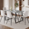 Table and chair set. Modern minimalist grey marble textured MDF dining table with metal frame. Comes with 6 chairs with PU cushions and black metal legs.