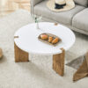 33.4-inch diameter minimalist circular MDF material coffee table, a stable and practical choice. The unique embedded design and the support of three table legs make the coffee table structure stable.