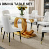 A large modern minimalist rectangular dining table suitable for 6-8 people,  A set of 6-piece PU leather backrest and black metal legs modern dining chairs.  F-OC  C-007
