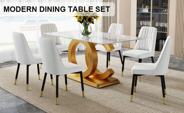 eab0bbb1146147cb8e7a42c299da25e7_20240306_64a16b431a876c4fd2b5b0b0901bd7e5 A large modern minimalist rectangular dining table suitable for 6-8 people, A set of 6-piece PU leather backrest and black metal legs modern dining chairs. F-OC C-007