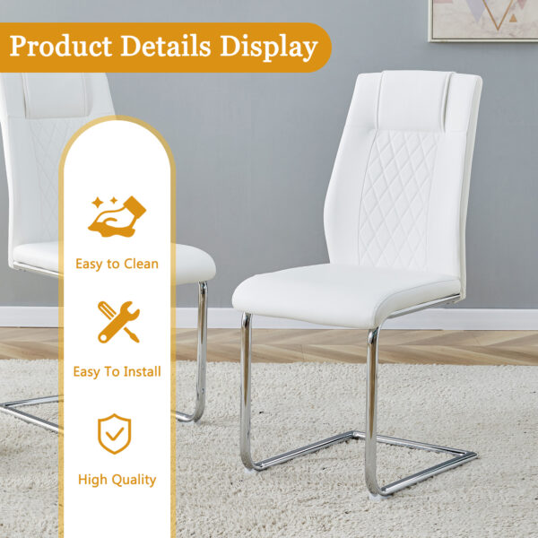ead74c097910451fb54fe2dd9e6d899b_ddda6081ff6436e7d775908f091ecd9e Table and chair set.64.5 x 35.4 Inch Stylish White Marble Textured Dining Table,Perfectly Blending Simplicity And Transparency.Paried With 6 White High-quality PU Chairs With Arched Silver Metal Legs.