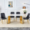 Table and chair set.63"x31.5x30" Luxurious Snow Mountain Patterned Sintered Stone Table with Stainless Steel Butterfly Legs.Paried With 4 White PU Chairs with Simple Line Designs On The Backrest.