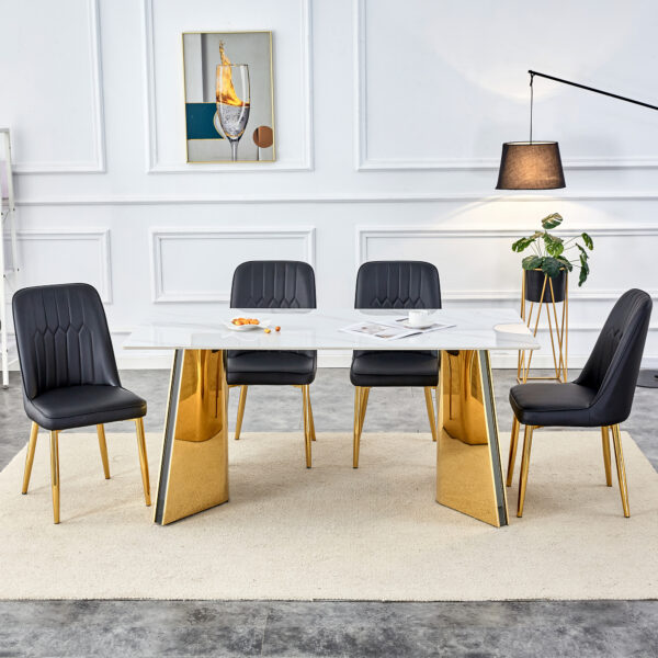 ead99b4de0814d67a7fa02937d7e30bf_c10001252e283a2bfb3ce8d58479bf85 Table and chair set.63"x31.5x30" Luxurious Snow Mountain Patterned Sintered Stone Table with Stainless Steel Butterfly Legs.Paried With 4 White PU Chairs with Simple Line Designs On The Backrest.