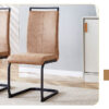 Table and chair set. Modern minimalist grey marble textured MDF dining table with metal frame.Paired with 4 brown technology fabric chairs with Featuring arched black legs.