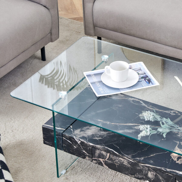 eafe8c77bfd64d73af50884ecbe5100c_a65f0b77e79f6cf8834854168efe60a3 43.3 Inch Modern Two-Tier Coffee Table - Clear Tempered Glass and Black Marble Texture, Multifunctional Storage Design.The bottom tier includes a drawer.Can be used as a coffee table,side table,etc.