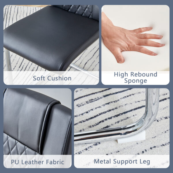 eb0db1f181684807bb6fc6efea4a5228_602f339c4bd264b5c5d2793a5f0552d8 Table and chair set.63"x31.5x30" Black Marble-Patterned Slabs Tabletop with Stainless Steel Butterfly Legs.Paried with 6 Black high-quality PU chairs with silver metal legs.