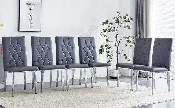 eb16befbc8ed48bfac2d682c23a8457b_9d4d10bec6c5728506ff8e3d9657cf27 6 piece set of gray armless dining chairs brings a touch of elegance and mystery to the dining area with its deep gray tone,The grid and buckle design of the back add a vintage yet fashionable touch