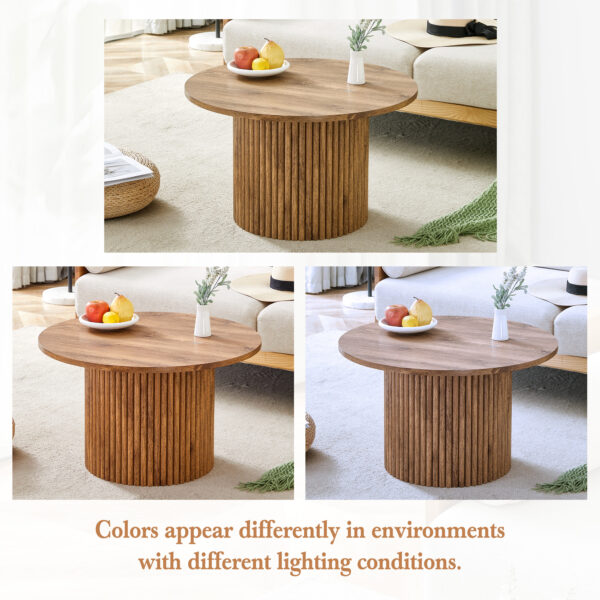 eb26f5bf68d440a2864c1a82c5697aff_44dec71afa519200ef65cbf44a46a6e3 A modern circular coffee table with a diameter of 27.5 inches interprets home aesthetics and practicality. MDF material,cylindrical table leg design.Becoming the visual focal point of home decoration.