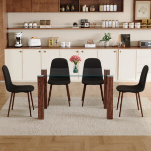 Table and chair set.A 49.6*30 Inch Transparent Tempered Glass Dining Table With Rectangular Walnut Wood Grain MDF Legs.Paired With 4 Black Linen Material High Resilience Dining Chair with Metal Leg.