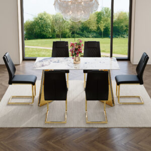 Table and chair set.63"x31.5x30" Luxurious Pandora patterned Sintered Stone Tabletop with Golden Stainless Steel Butterfly Legs.Paried With 6 Black High-quality PU Chairs With Arched Metal Legs.