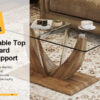 Modern minimalist transparent tempered glass coffee table with wooden MDF legs and stainless steel decorative columns. Computer desk. Game table. CT-907