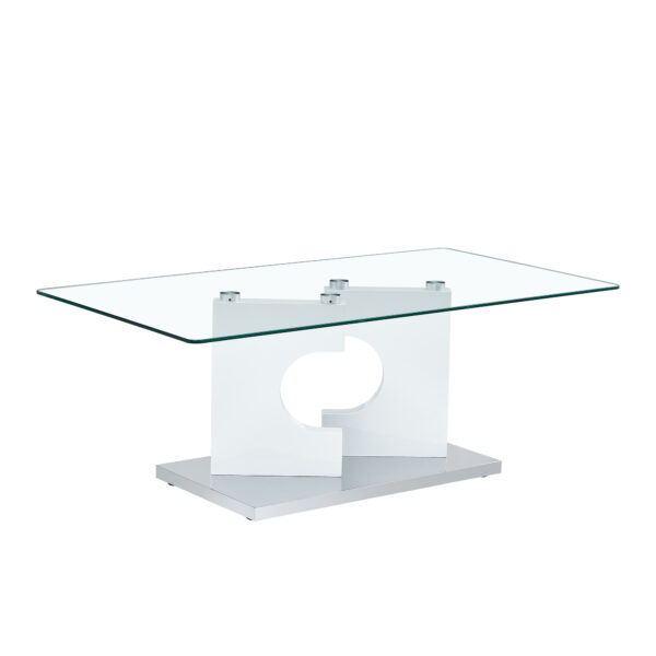 eb4e9733eba94bc58e7bd055a84107c6_20240204_d8d38e6b0ef1b758aa561ea61e80f107 A rectangular modern and fashionable coffee table with tempered glass tabletop and white MDF legs. Suitable for living room.47.2"*25.5"*18"