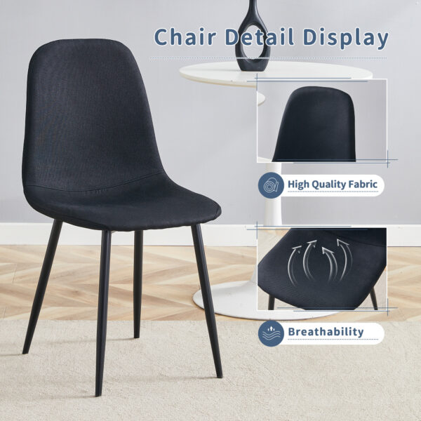 eb5844057ad0486e88d520b318df6d47_3cd679107243cad090f8f572ef69a72b Table and chair set.A Modern Minimalist Circular Dining Table With A Diameter Of 33.3 Inches.Paired With 4 Black Linen-Cotton Material High Resilience Dining Chair with Metal Black Leg.
