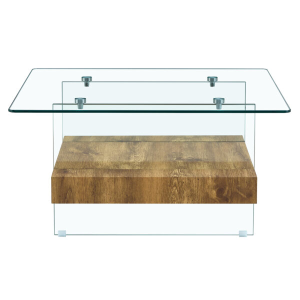 eb63c1a38f38462e8c5d69e4867739b2_8853e02db6c5efe2f71a63dd77209994 31.4 Inch Modern Two-Tier Square Coffee Table -An Elegant Combination of Clear Glass and Light Wood Texture Sticker.It can be used not only as a coffee table but also as a side table or display stand.
