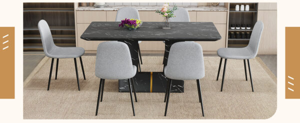 Table and chair set.Black Marble Pattern MDF Dining Table Set - 63"x35.4" with 6 Light Gray Linen Fabric Chairs.Integrated Seat and Backrest,Linen-Cotton Material.Suitable for kitchen,Dining room,etc.