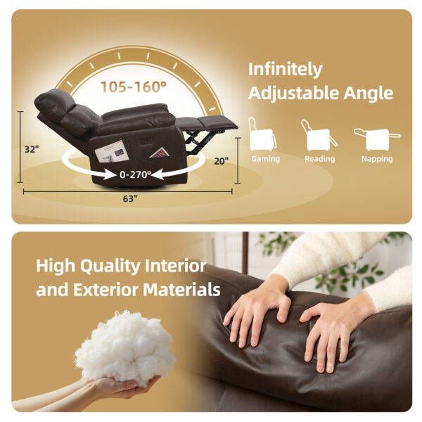 Electric Power Swivel Recliner Chair - Oversized PU Leather Massage Recliner with USB/Type-C Charging, 360° Rotation & Rocking Function, Living Room Reclining Sofa ,Dark Brown