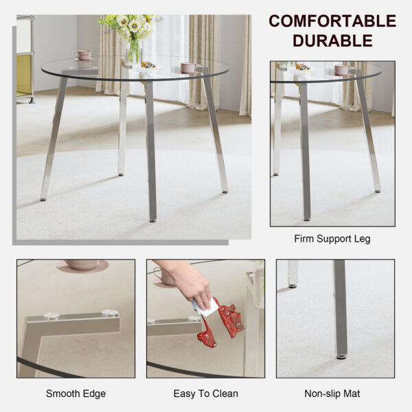 ebcc1b70c9974e37a2b9e9d7e4752a98_20240306_8c9e909affe1ea21c6c1deb0bfa96e70 Modern minimalist style circular transparent tempered glass table, tempered glass tabletop, silver metal table legs, suitable for kitchen, dining room, and living room, 40 "* 40" * 29.5 "W1151S01226