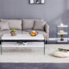 Three-tier bedside table and bunk coffee table set. Made of MDF with white stickers and clear tempered glass on both sides. The design is simple and elegant, with powerful storage functions