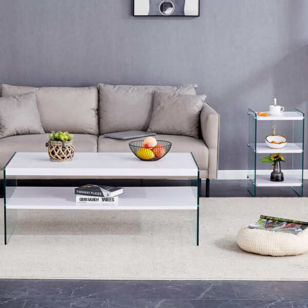 Three-tier bedside table and bunk coffee table set. Made of MDF with white stickers and clear tempered glass on both sides. The design is simple and elegant, with powerful storage functions