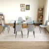 Table and chair set.79"x31.5" with X-shaped Black Metal Table Legs,Wood Grain Textured MDF Crossbeam.Paired With 6 Chairs Made Of Light Gray Lnen Fabric.Iron pipe spraying Legs.