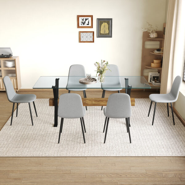 ebd6a30f3b814c53972984e037444cbd_824ba69c21c3f1ddd51480715d5ce70b Table and chair set.79"x31.5" with X-shaped Black Metal Table Legs,Wood Grain Textured MDF Crossbeam.Paired With 6 Chairs Made Of Light Gray Lnen Fabric.Iron pipe spraying Legs.