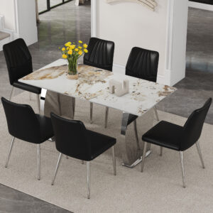 Table and chair set.63*31.4 Inch Pandora Patterned Sintered Stone Dining Table Set - 6 Shell Textured Black Chairs, Modern Light Luxury.Perfect For Dinner Room,Meeting Room,Kitchen,etc.