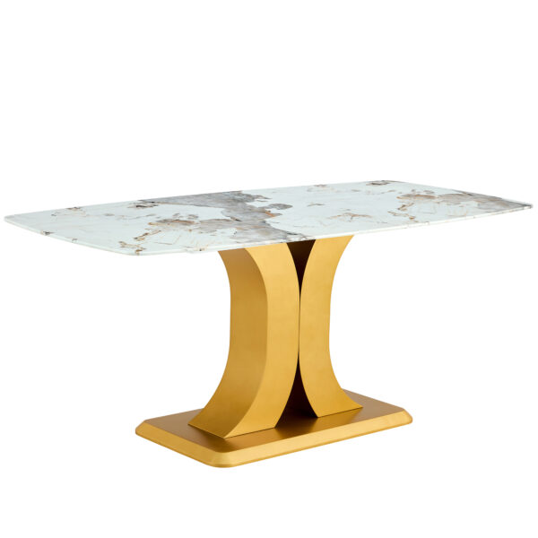ebf037625435409ba0bb60045a039225_45208608ec9755ef3e20683cf0526da6 A modern minimalist dining table. Imitation marbled glass tabletop. Gold MDF table legs for kitchen and living room