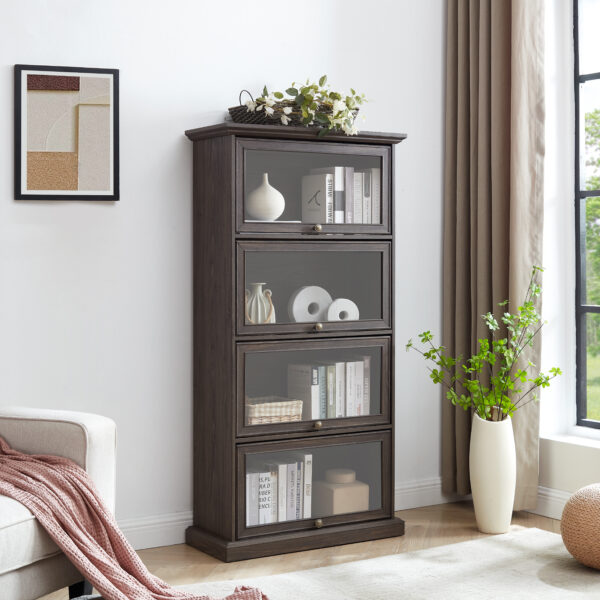 4 Tier Glass Display Cabinet for Living Room Stylish Storage Curio Cabinet with Flip Up Glass Doors Perfect Collectors Showcase Toy Figure Organizers Rack Elegant Bookcase- BROWN