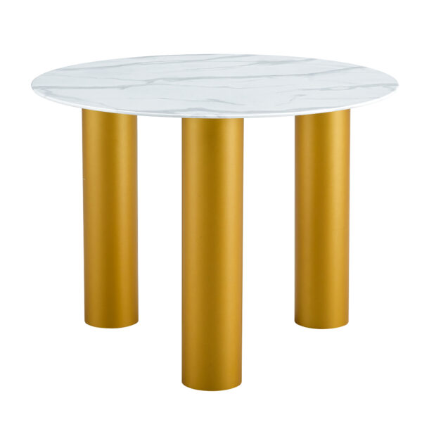 Table and chair set, round table with white marble pattern, gold MDF table legs, soft and comfortable dining chair, suitable for kitchen and living room