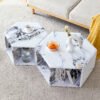 Minimalist white patterns hexagonal Coffee Table Set.Hexagonal MDF coffee table, characteristic pattern stickers, multi-hole design to give more storage space.Two coffee tables of different sizes.