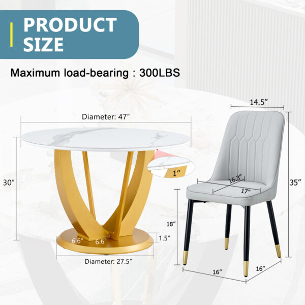 ec504c94b6ae48109b7670e8dab05881_24b5bee8a2632e45594f2ab247d96c3c Table and chair set.Luxurious Snow Mountain White Slab Round Dining Table Set - 47"x47" with 4 Light Gray PU Chairs.Sintered Stone Tabletop,MDF Table Leg,