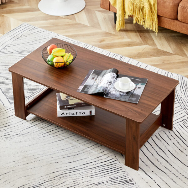 ec539f8d86c443688fceaed9f88d7919_20231011_fc4bab11855978a745240631f012a814 Modern and practical walnut textured coffee tables , tea tables. The double layered coffee table is made of MDF material. Suitable for living room 43.3"*21.6"*16.5" CT-16