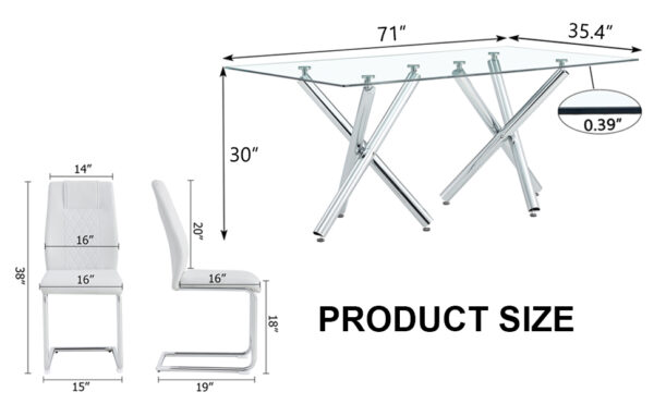 ec53bf9d59ee499bb46fef650c85999c_0e63a88b9f02f866bf8e717c1176c1ea Table and chair set.71''*35.4'' Inch Modern Luxurious Transparent Tempered Glass Dining Table Set with 6 Chairs.Double Fork Silver Metal Table Legs.White High-quality PU Dining Chairs.