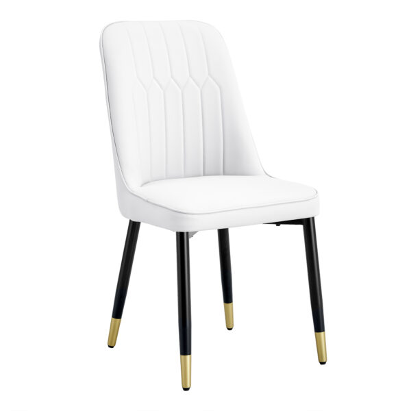 ec5620a442ca47b0bba2cb8a10a68fc2_ce270a72e57dbda650c7a654e4bebbe9 Table and chair set.The table has a glass top with imitation marble pattern stickers and stainless steel golden legs. Paried with chairs with PU artificial leather backrest cushions and black legs.