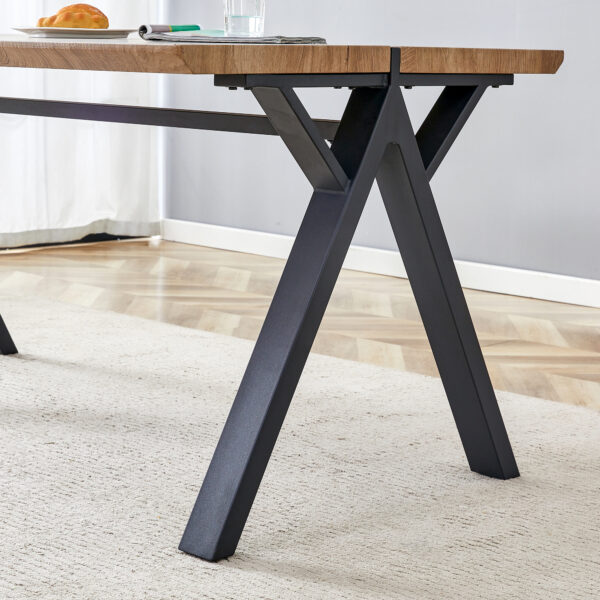 ec72b26fb0f941cf858610052d3367f2_b56f41f5d5ab9faf53fba0fd597f3db8 Table and chair set.63"x35.4" Wood-Textured MDF Dining Table with Black A-Frame Legs.Paired with 4 Brown Technology Fabric Round Corner Dining Chair.Density Board Sticker,Iron Pipe Spraying,