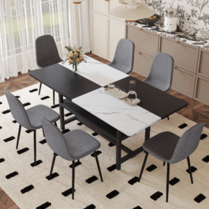 Table and chair set.71*35.4 inch White And Black Spliced Dining Table With Storage Function In The Middle Of The Table Legs.Paired With 6 Chairs Made Of Dark Gray Lnen Fabric.Iron pipe spraying Legs.